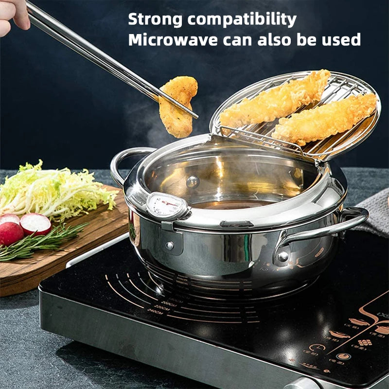 Japanese Deep Frying Pot With A Thermometer And A Lid Fryer Pan 304 Stainless Steel Kitchen Tempura Oil Frying Pan Fryer