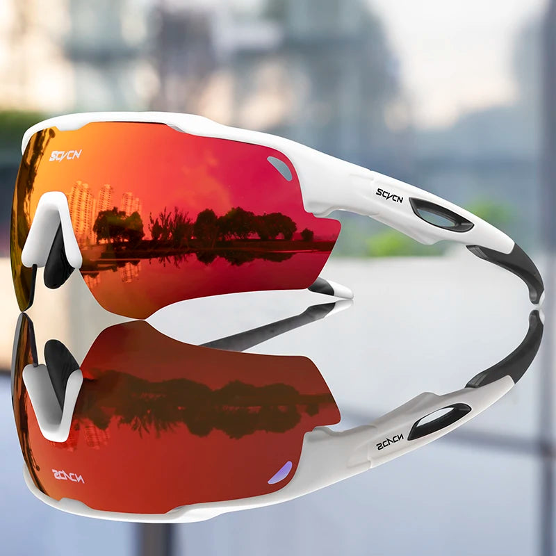 Sport sunglasses with red mirrored lens and white frame reflected on a shiny surface