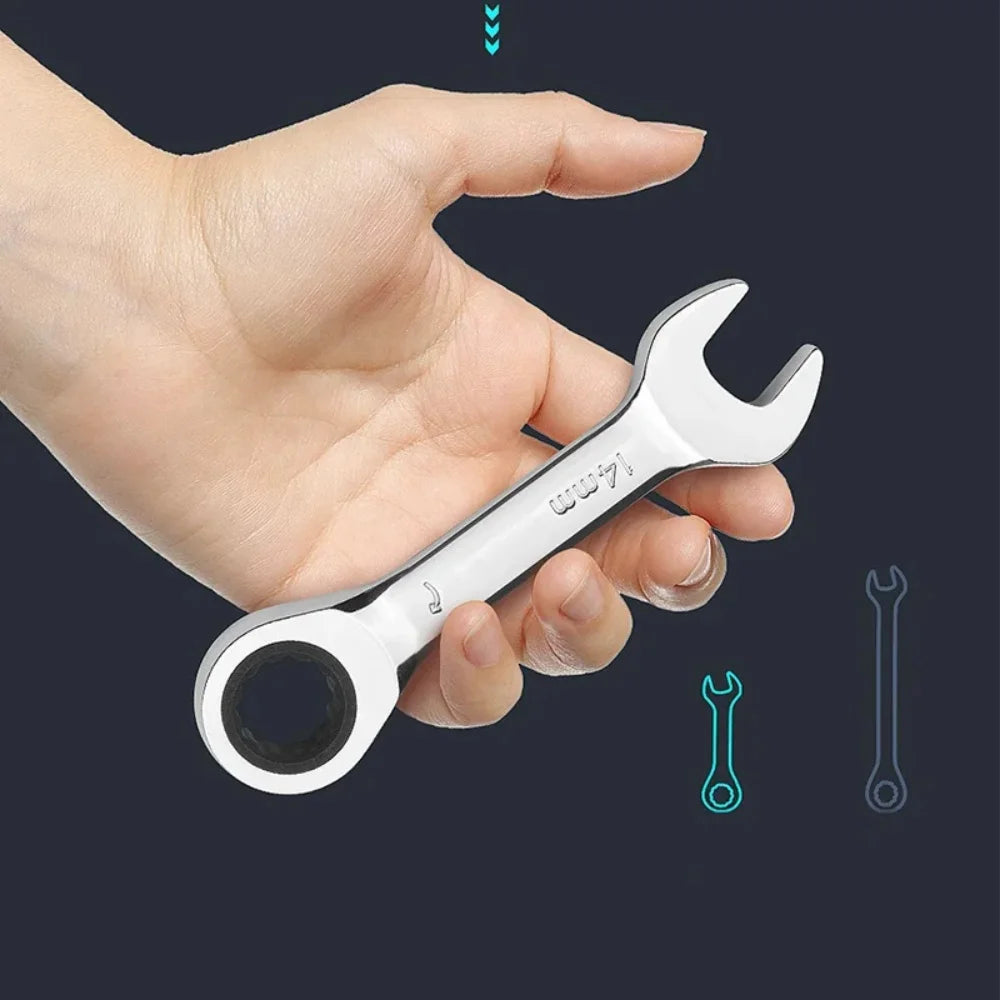 6-19mm Stubby Ratchet Spanner Short Ratchet Wrench Car Repair Hand Tools 72 Tooth Design Short Handle Dual-purpose Wrench Tool