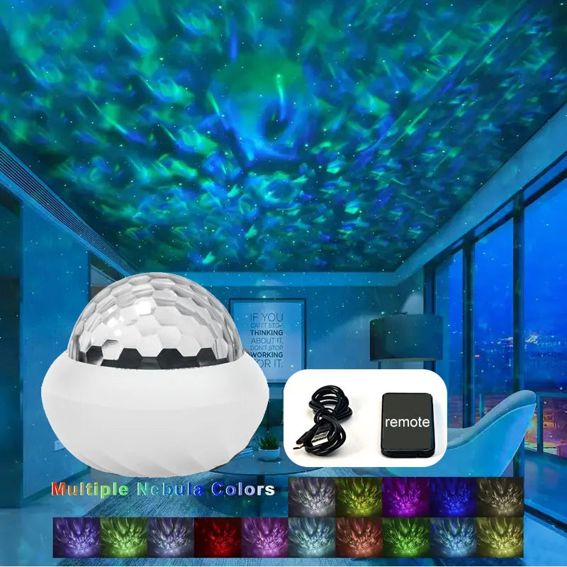 LED nebula projector lamp with multiple color modes, remote, and USB cable, illuminating a modern room ceiling