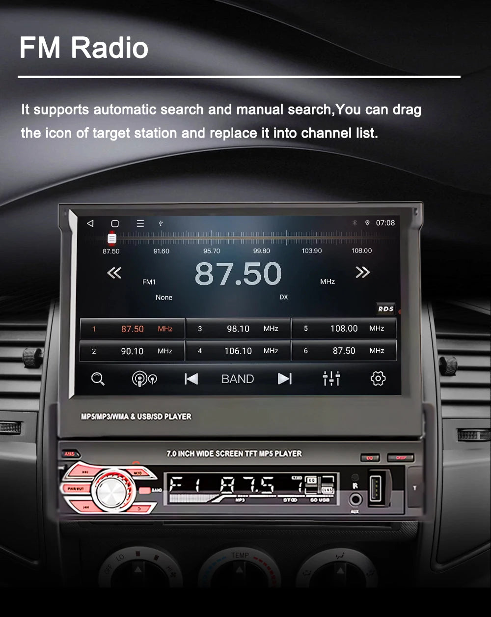 1 Din MP5 Player 7 Inch Carplay Android Auto Universal  Manual Automatic Retractable Touch Screen Car Player FM Radio