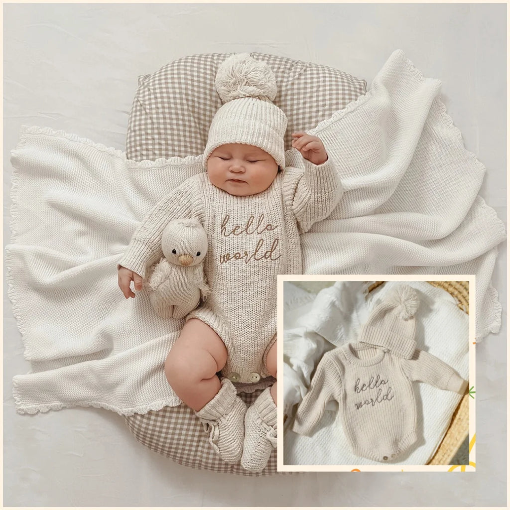 Hello World Knitting Newborn Photography Romper with Matching Pomp Hat Baby Boy Girl Sweater Outfits for Photo Shooting