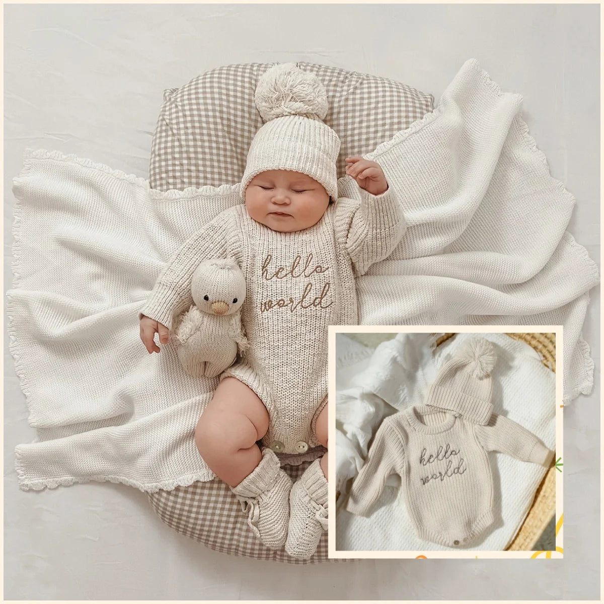 Hello World Knitting Newborn Photography Romper with Matching Pomp Hat Baby Boy Girl Sweater Outfits for Photo Shooting