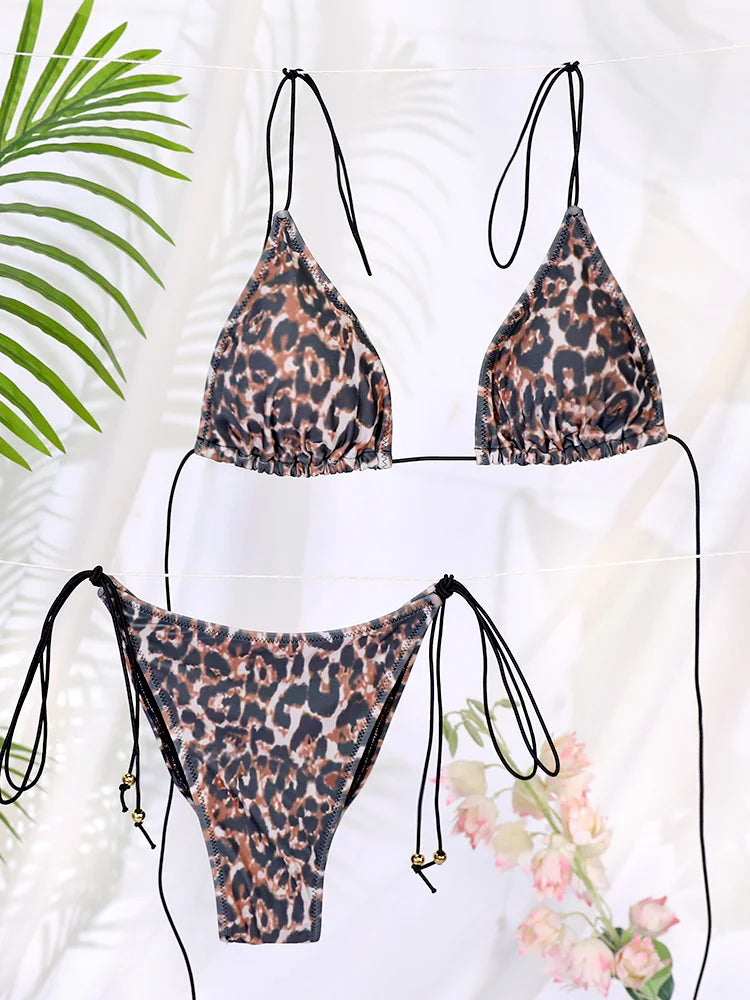 Miyouj New Bikini Triangle Swimwear Leopard Two Piece Suit Solid Color Bathsuit Sexy Swimsuits High Cut Bathwear Bandage Biquini