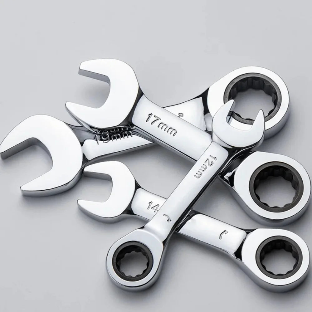 6-19mm Stubby Ratchet Spanner Short Ratchet Wrench Car Repair Hand Tools 72 Tooth Design Short Handle Dual-purpose Wrench Tool