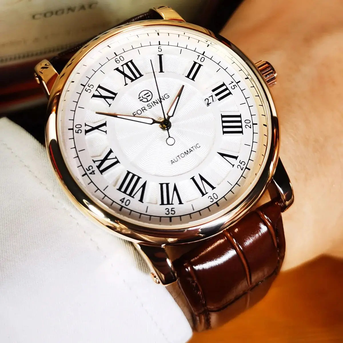 Forsining Classic Business Automatic Mens Watch Calendar Luxury Brand Brown Leather Strap Fashion Rose Gold Mechanical Watches
