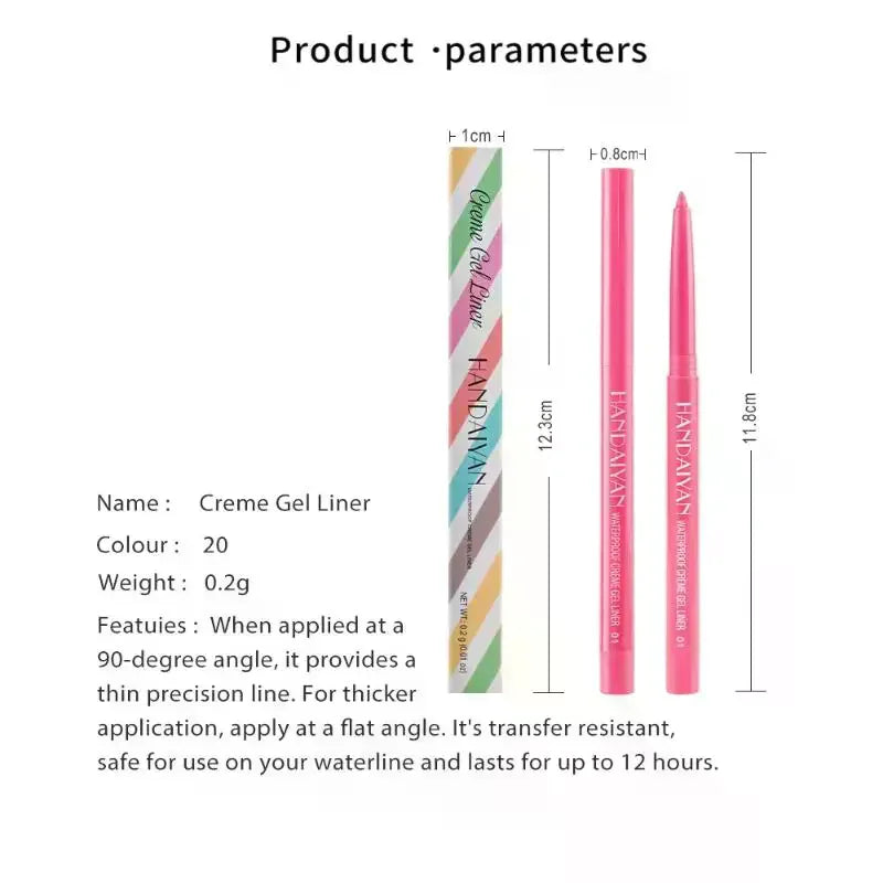 Pink creme gel eyeliner pencil with packaging, product dimensions, and usage details.