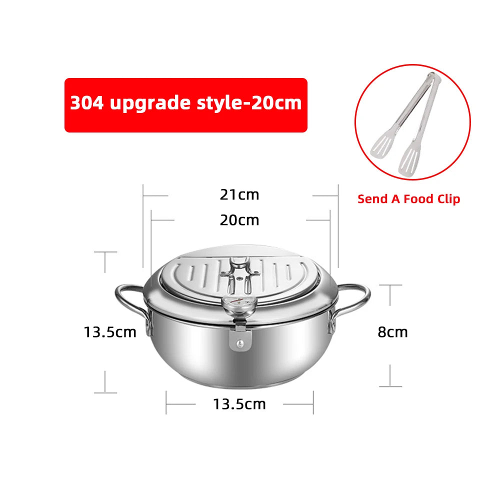 Japanese Deep Frying Pot With A Thermometer And A Lid Fryer Pan 304 Stainless Steel Kitchen Tempura Oil Frying Pan Fryer