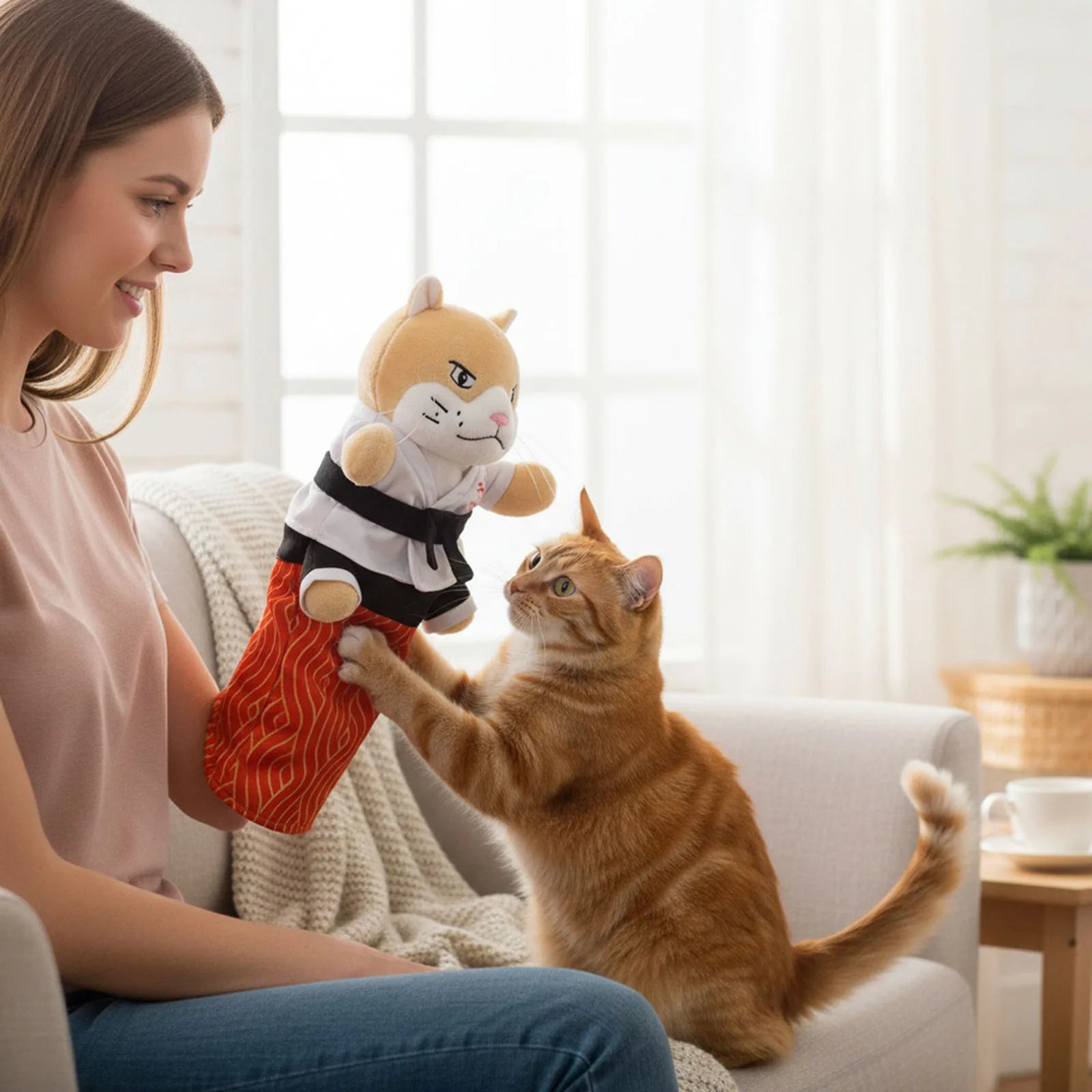Cat Sumo Wrestler Hand Puppet Toy Interactive Plush Stuffed Animal with Sturdy Padding for Indoor Cats, Kids Pretend Play