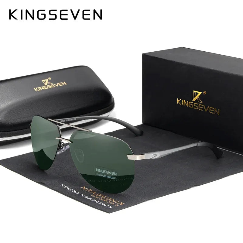 Men’s polarized aviator sunglasses with green lenses, metal frame, case and box