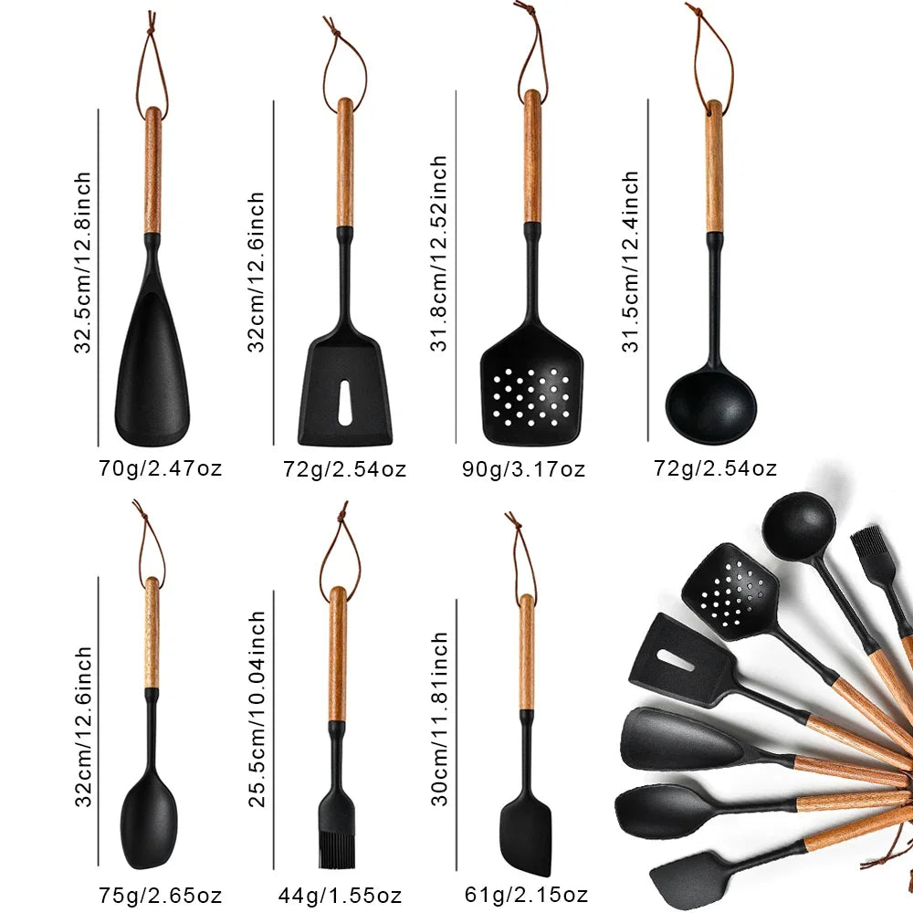1/7Pcs Black Food Grade Silicone Kitchen Cookware Utensils Spatula Spoon Oil Brush Practical Cooking Tool Kitchenware Set
