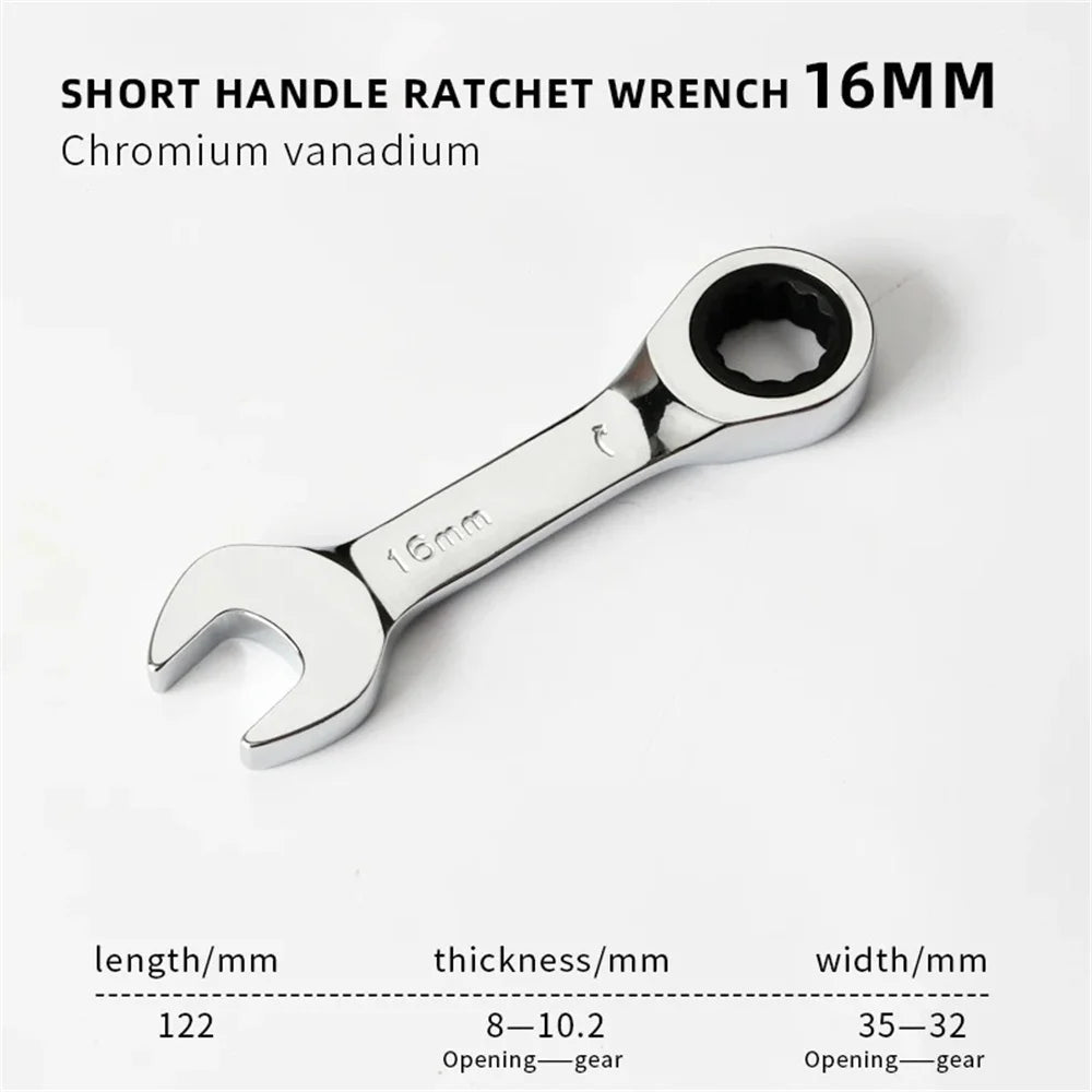 6-19mm Stubby Ratchet Spanner Short Ratchet Wrench Car Repair Hand Tools 72 Tooth Design Short Handle Dual-purpose Wrench Tool