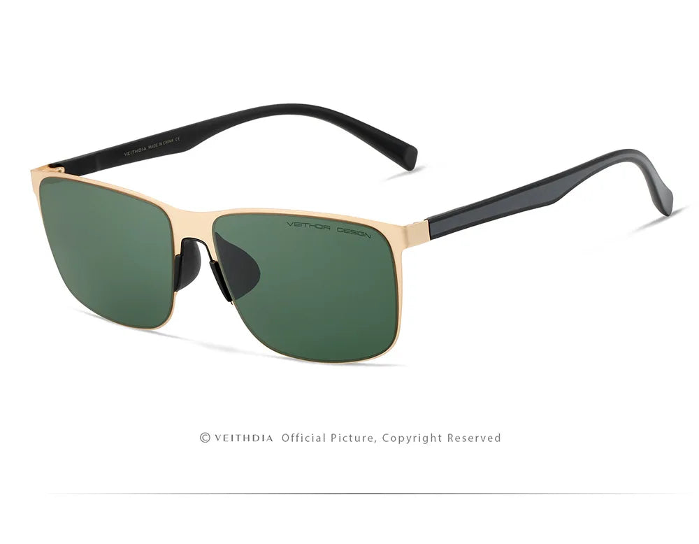 Gold frame sunglasses with green lenses and black arms, modern men's eyewear on white background