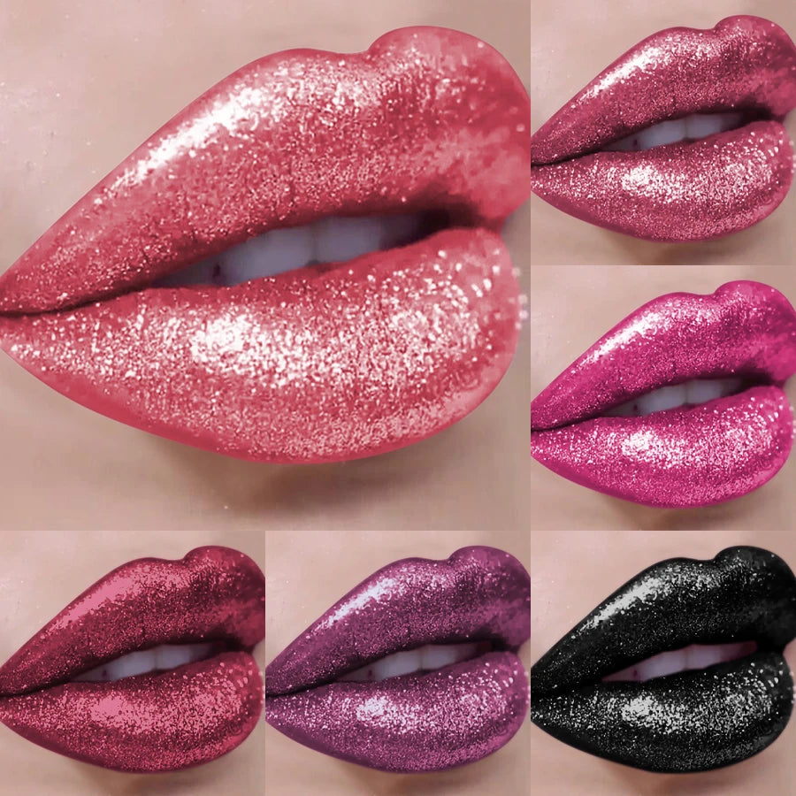 Close-up of lips wearing glitter lipstick in pink, purple, and black shades, fashion makeup