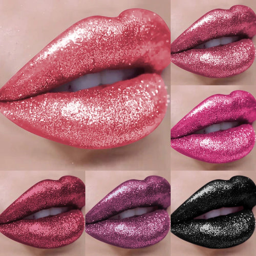 Close-up of lips wearing glitter lipstick in pink, purple, and black shades, fashion makeup