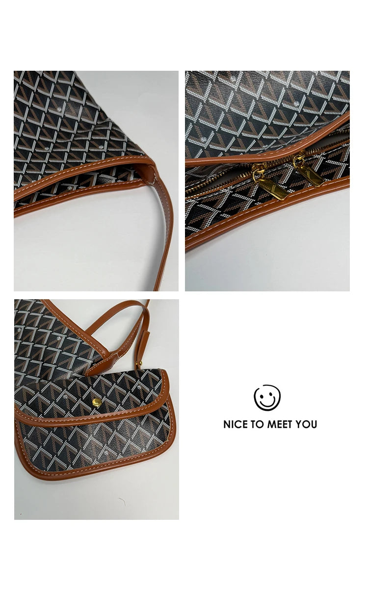 Large Capacity Women's Shoulder Bag Fashionable Commuter Tote Bag Soft PU Leather Printed Geometric Pattern Autumn New Arrival