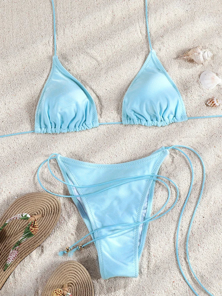 Miyouj New Bikini Triangle Swimwear Leopard Two Piece Suit Solid Color Bathsuit Sexy Swimsuits High Cut Bathwear Bandage Biquini