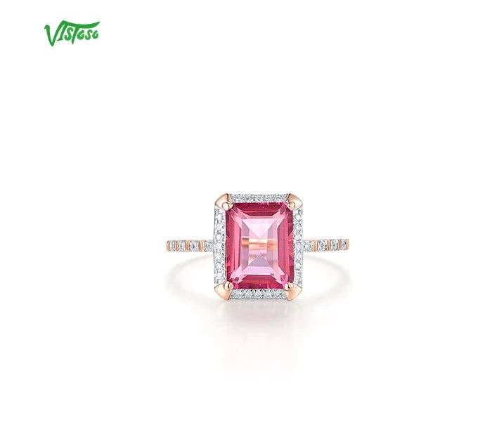 VISTOSO Genuine 14K 585 Rose Gold Solitaire Rings For Women Sparkling Diamond Pink Topaz Rectangle Gorgeous Fine Fashion Jewelry