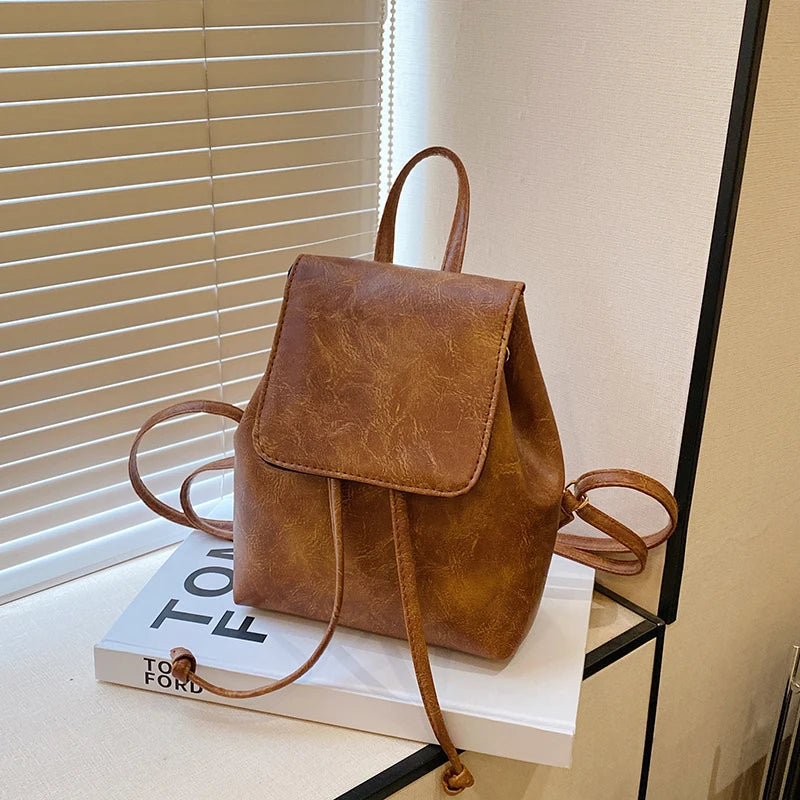 Compact Brown Retro Shoulder Bag Women's Spring Summer New Simple Artistic Match Double Rope Single Shoulder Bag Casual Style