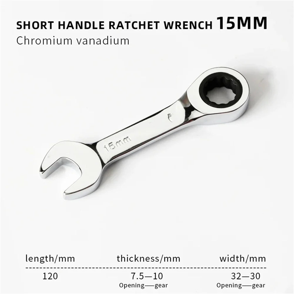 6-19mm Stubby Ratchet Spanner Short Ratchet Wrench Car Repair Hand Tools 72 Tooth Design Short Handle Dual-purpose Wrench Tool