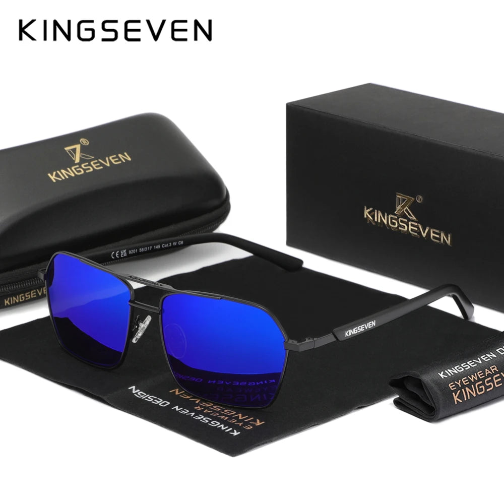 Men's rectangular sunglasses with blue mirrored lenses, black frame, case and box set