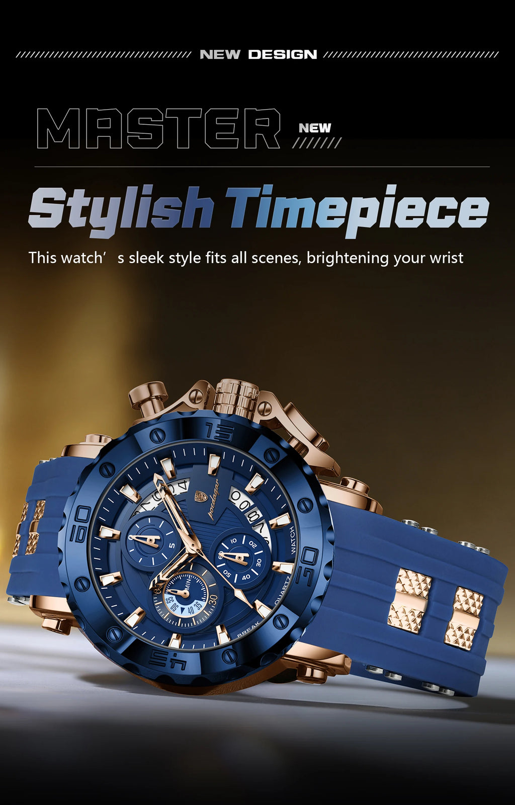 POEDAGAR Original Luxury Man Watch Chronograph Waterproof Luminous Sports Men Clock Calendar Silicone Strap Quartz Men's Watches