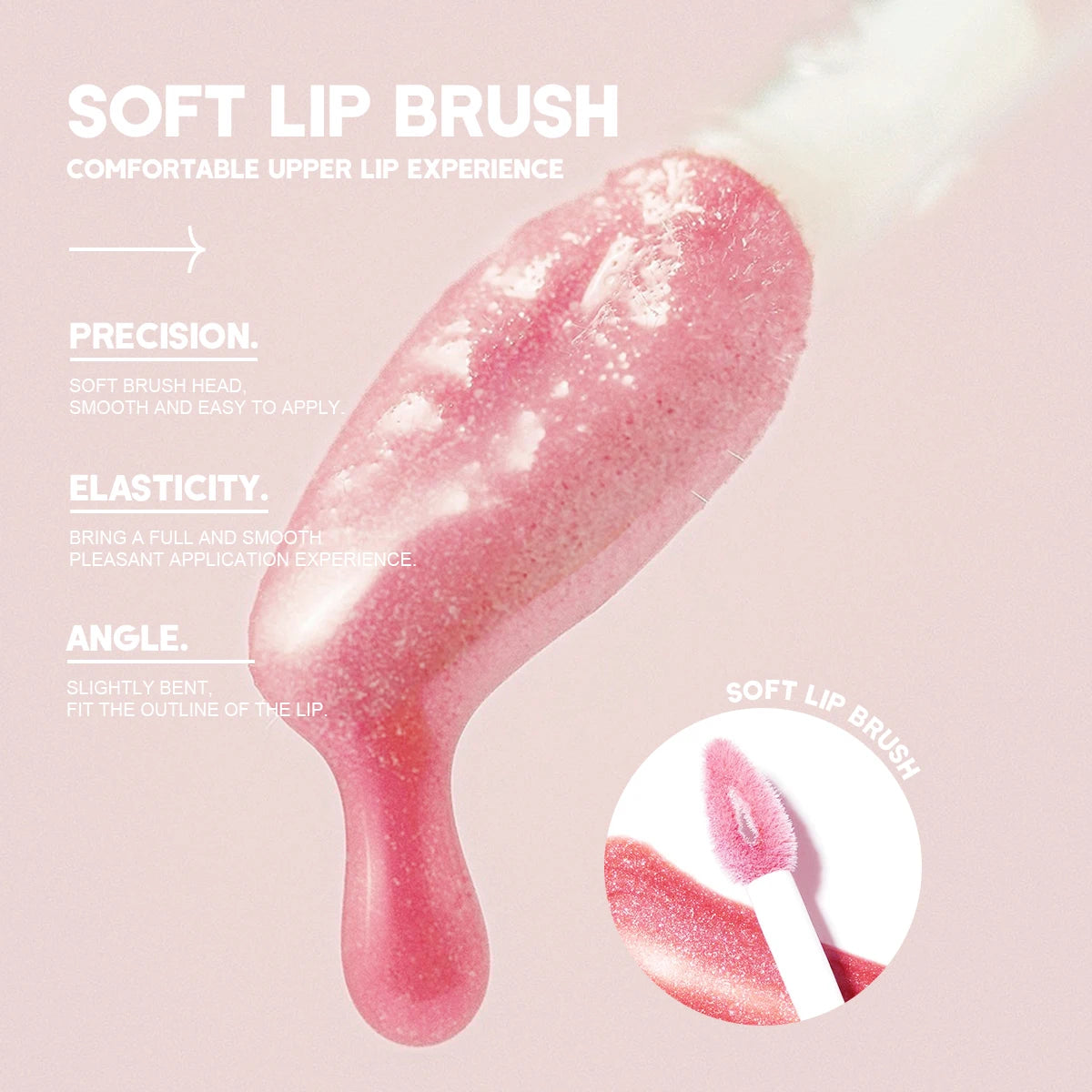 Soft lip brush applicator with glossy pink lip product and descriptive features highlighted.