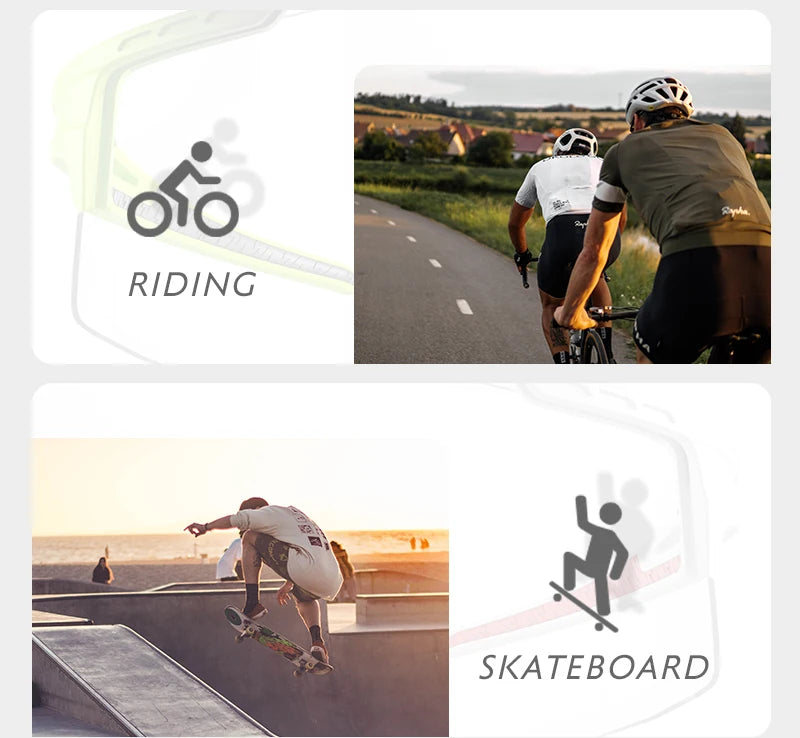 Cyclists riding on a scenic road and skateboarder performing a trick at a skatepark