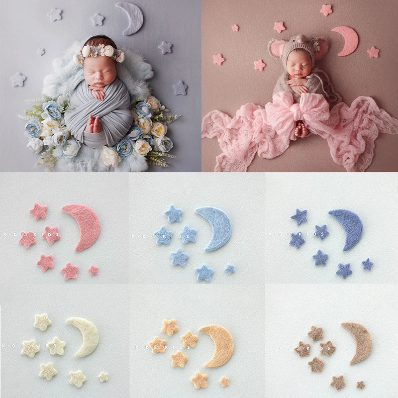 7pcs Wool Felt Stars and Moon Newborn Photography Props Background Mini Accessories Atmospheric Moon and Stars Baby Shoot Props