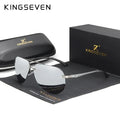 Silver rimless sunglasses with mirrored lenses on display next to black case and box.