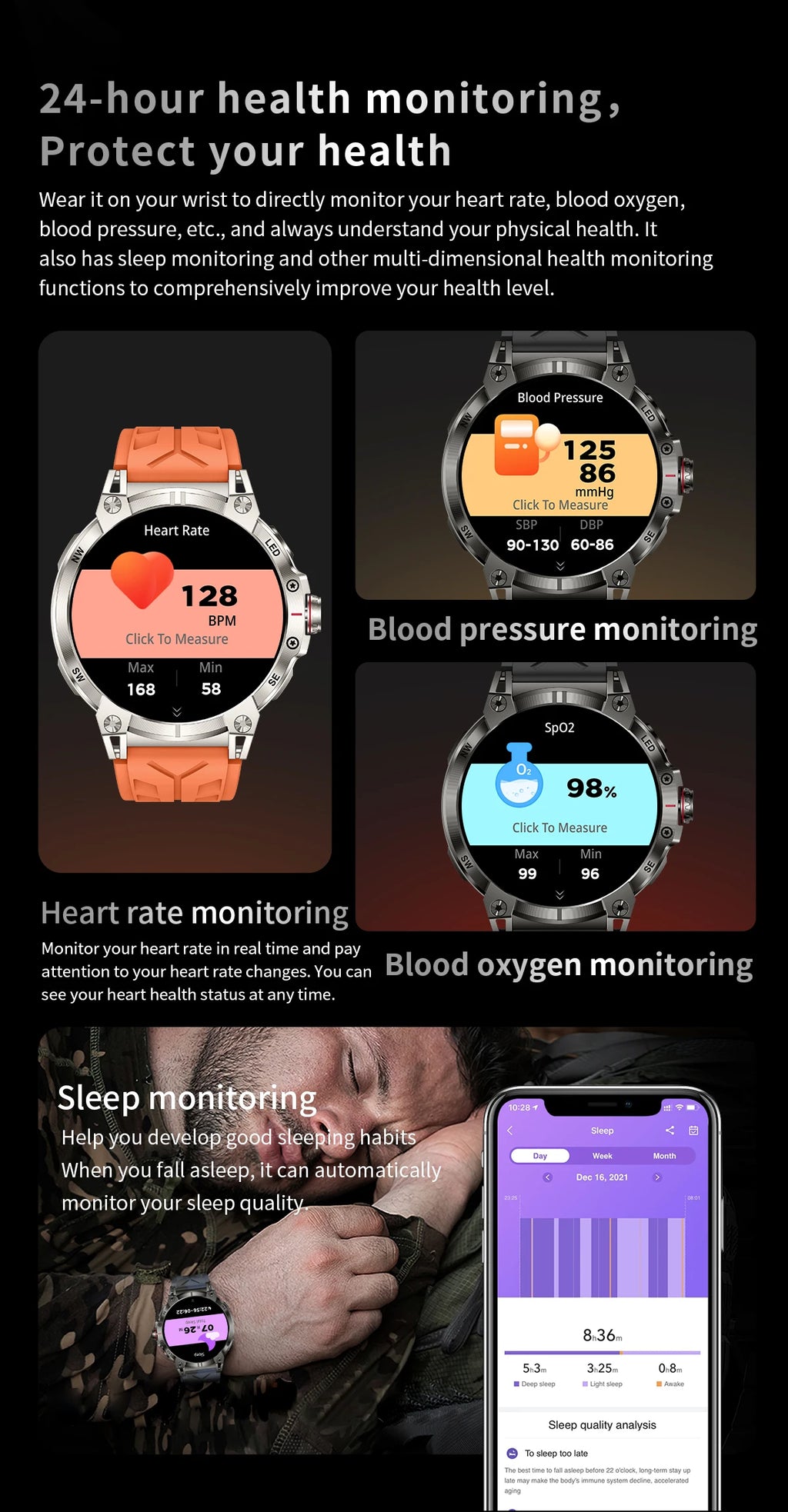 Military smartwatch men,760mAh Bluetooth call,LEDflashlight,compass,1.85HD Large screen,heart rate.blood pressure,IP68waterproof