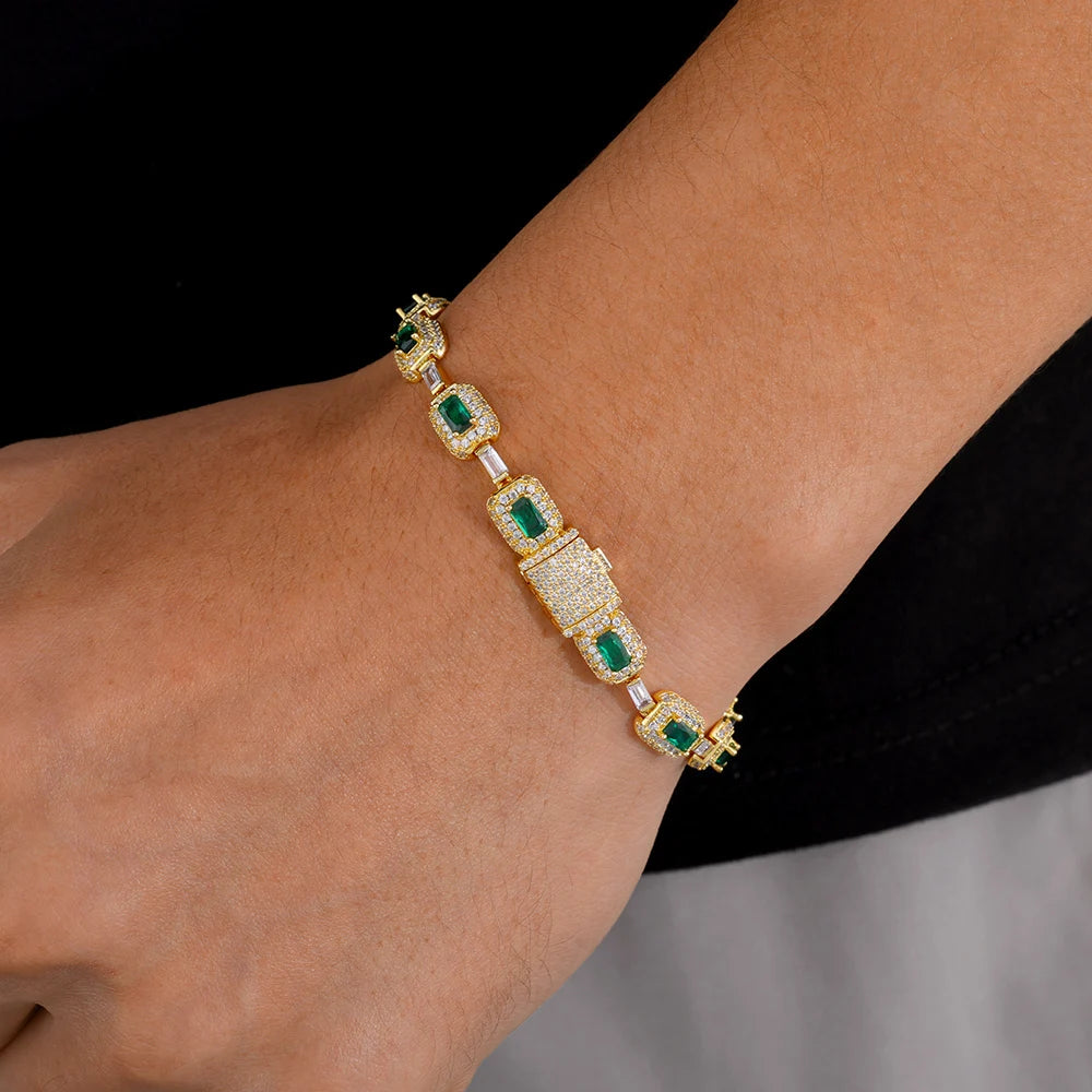 ESKEEM Fashion Jewelry Iced Emerald Cushion Cut Diamond Bracelet White Gold Inlaid Green Baguette Zircon Women's Bracelet ﻿