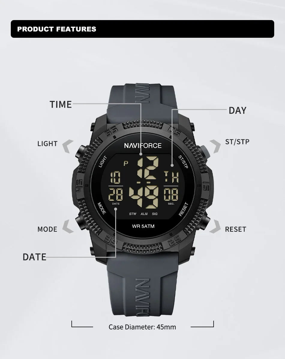 NAVIFORCE NF7104 Men's LCD Digital Leisure Date and Week Alarm Clock Waterproof Silicone Strap Electronic Premium Watch
