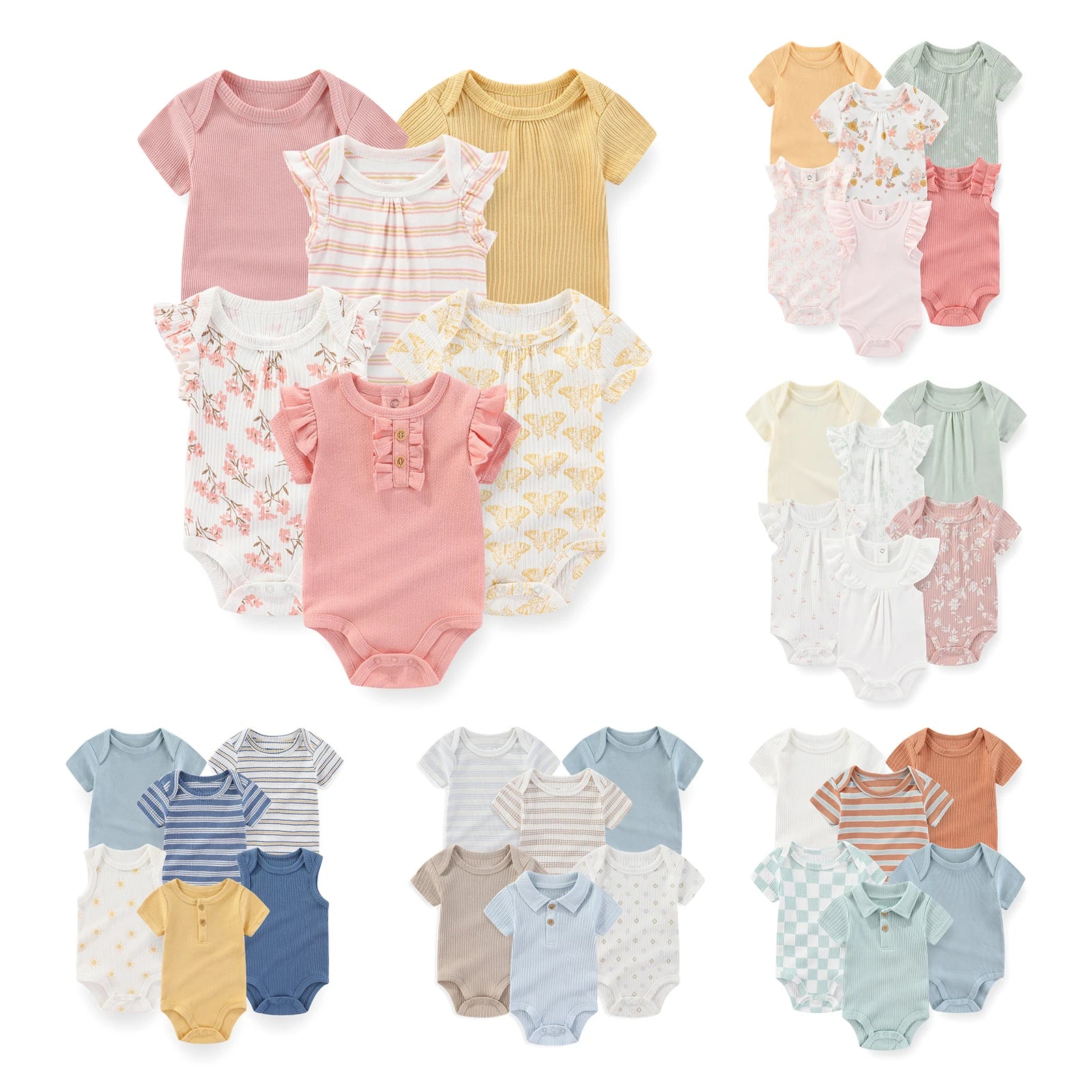 6-Piece Fashion Cute Baby Bodysuits Cotton Soft Newborn Boy Girl Short Sleeve Onesies Summer Sleeveless Infant Clothes