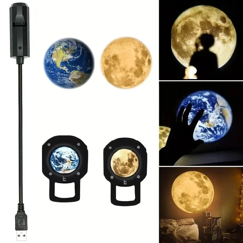 USB planet and moon projector lamp projecting Earth and moon images onto a wall, night light decor