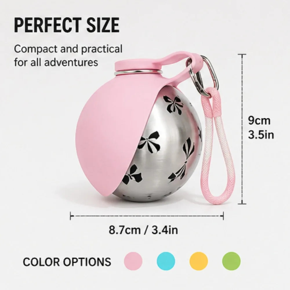 Foldable Stainless Steel Pet Water Bottle Spherical Design Portable Bowl for Small Pets Outdoor Daily Feeding and Drinking