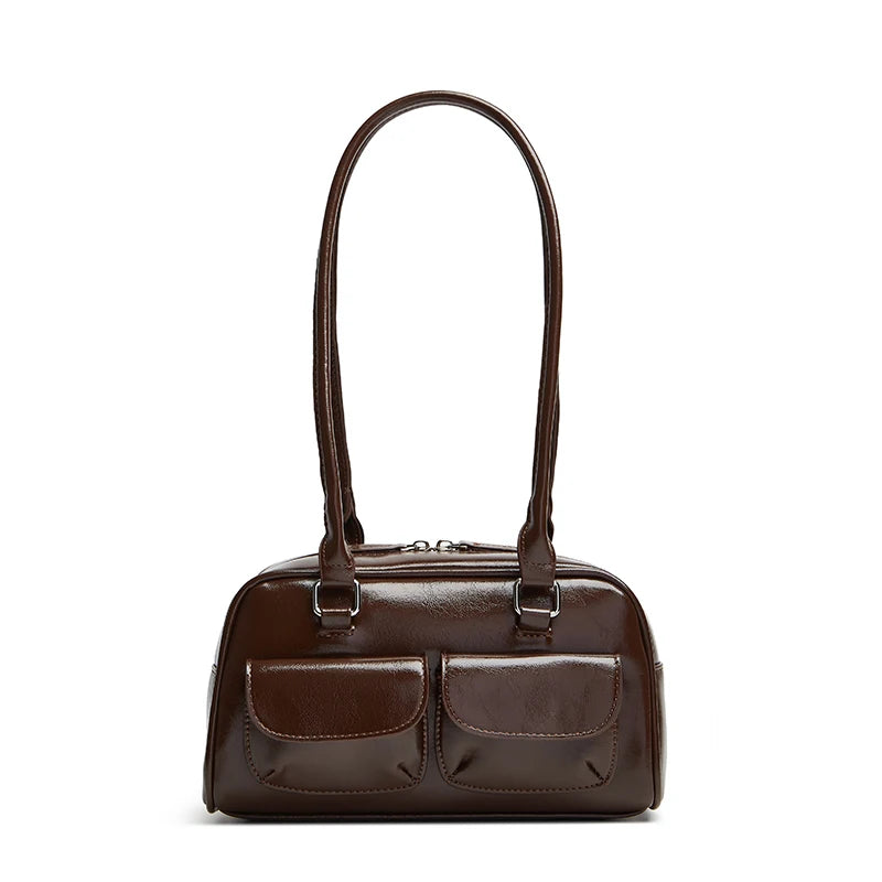 New women's bag fashion niche oil wax leather bowling bag multi-pocket armpit bag commuting handbag single shoulder bag