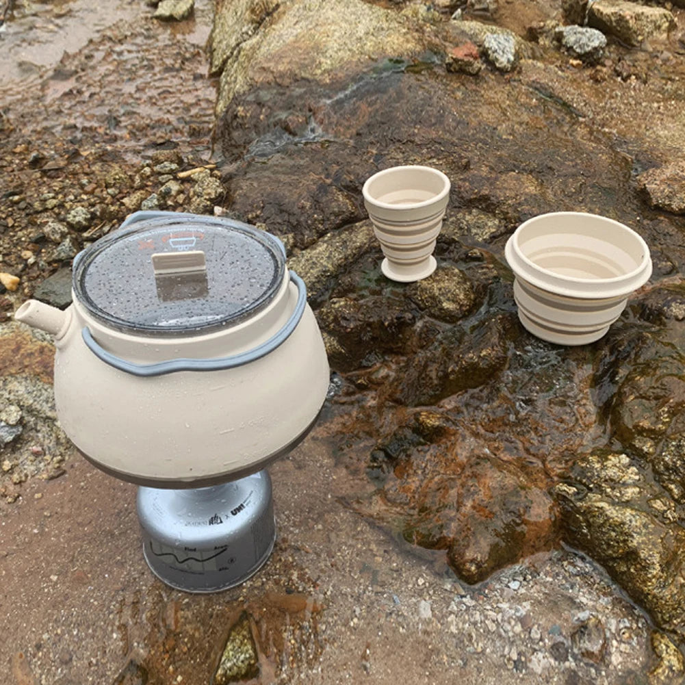 1.5L Silicone Kettle with Handle 1L Camping Cook Pot Stainless Steel Bottom Collapsible Water Cup/Bowl for Camping Backpacking