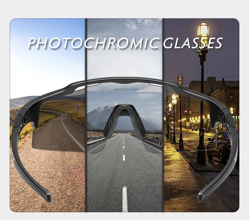 Photochromic sports sunglasses showing lens color change in outdoor and night settings