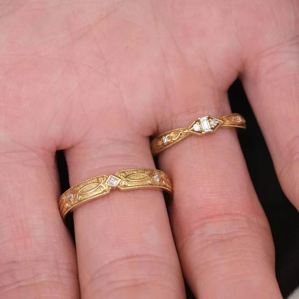 Handcrafted Designer Antique-Style Textured 18K/14K/9K Gold Couple Rings, Timeless Luxury Wedding/Engagement Bands
