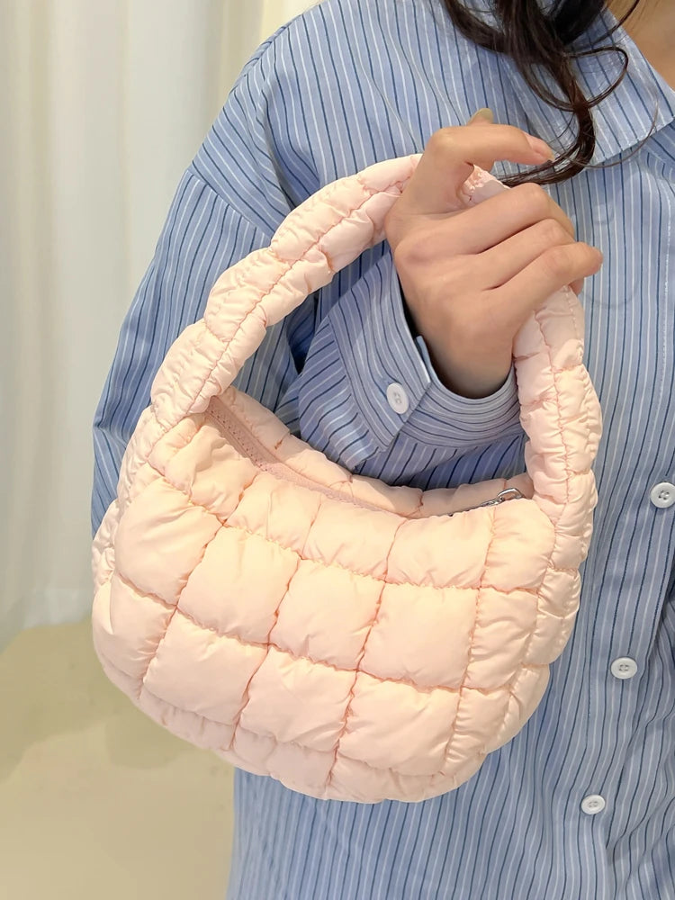 Spring 2025 Cloud Texture Quilted Bubble Handbag Casual Korean Style Women's Bag Mobile Phone Bag Folded Nylon Youth Leisure