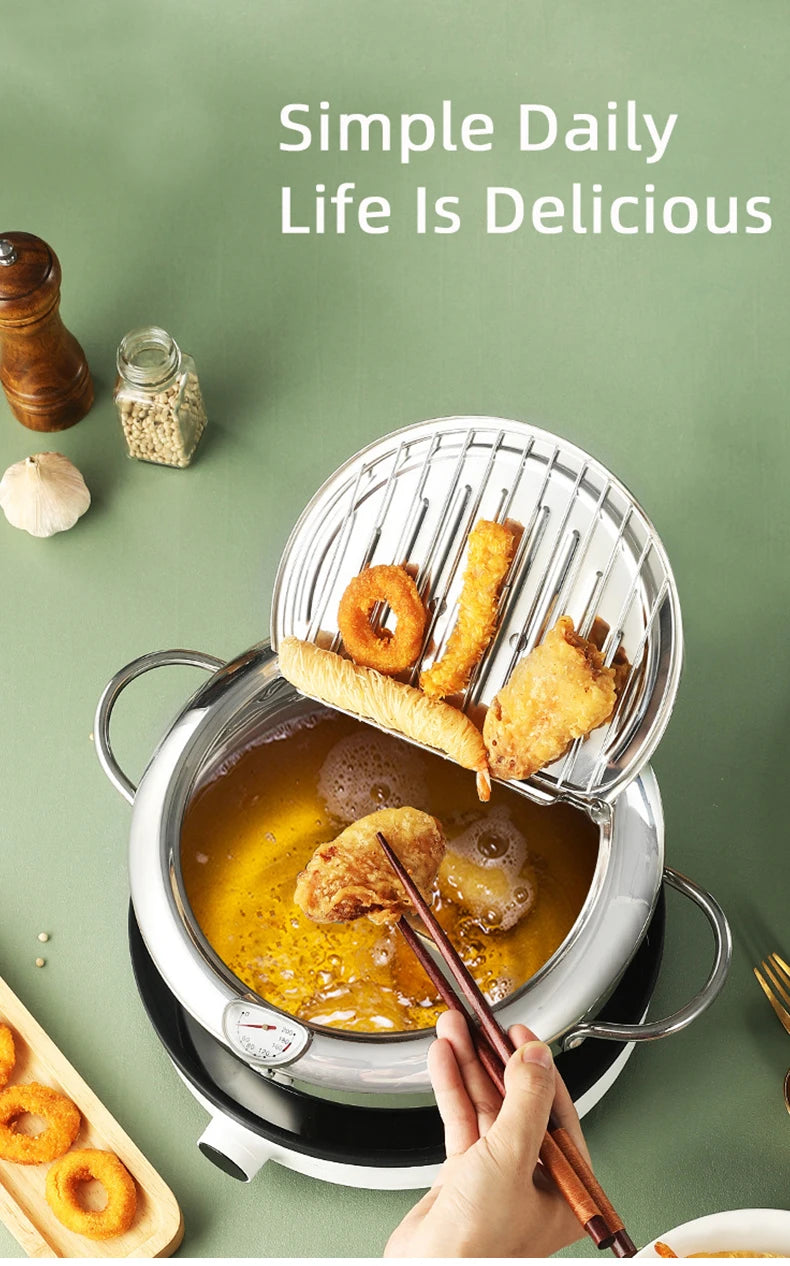 Japanese Deep Frying Pot With A Thermometer And A Lid Fryer Pan 304 Stainless Steel Kitchen Tempura Oil Frying Pan Fryer