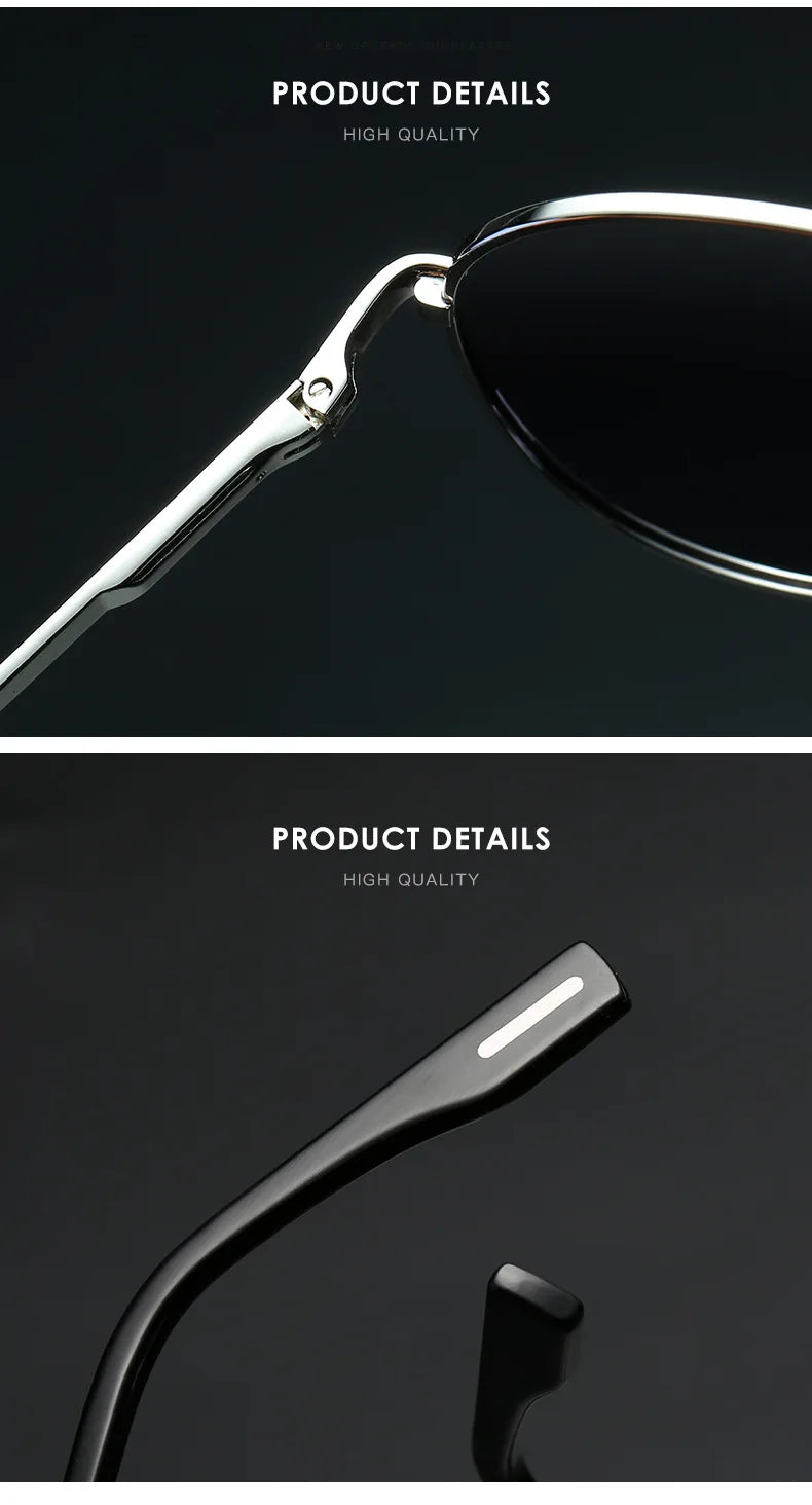 Close-up of high quality black and silver sunglasses with metal hinge and sleek arm detail.