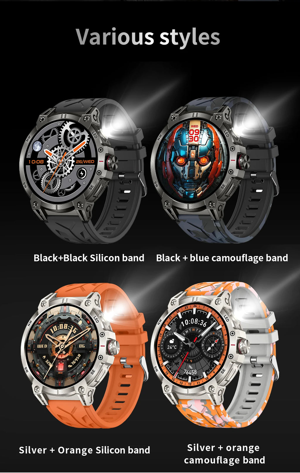 Military smartwatch men,760mAh Bluetooth call,LEDflashlight,compass,1.85HD Large screen,heart rate.blood pressure,IP68waterproof