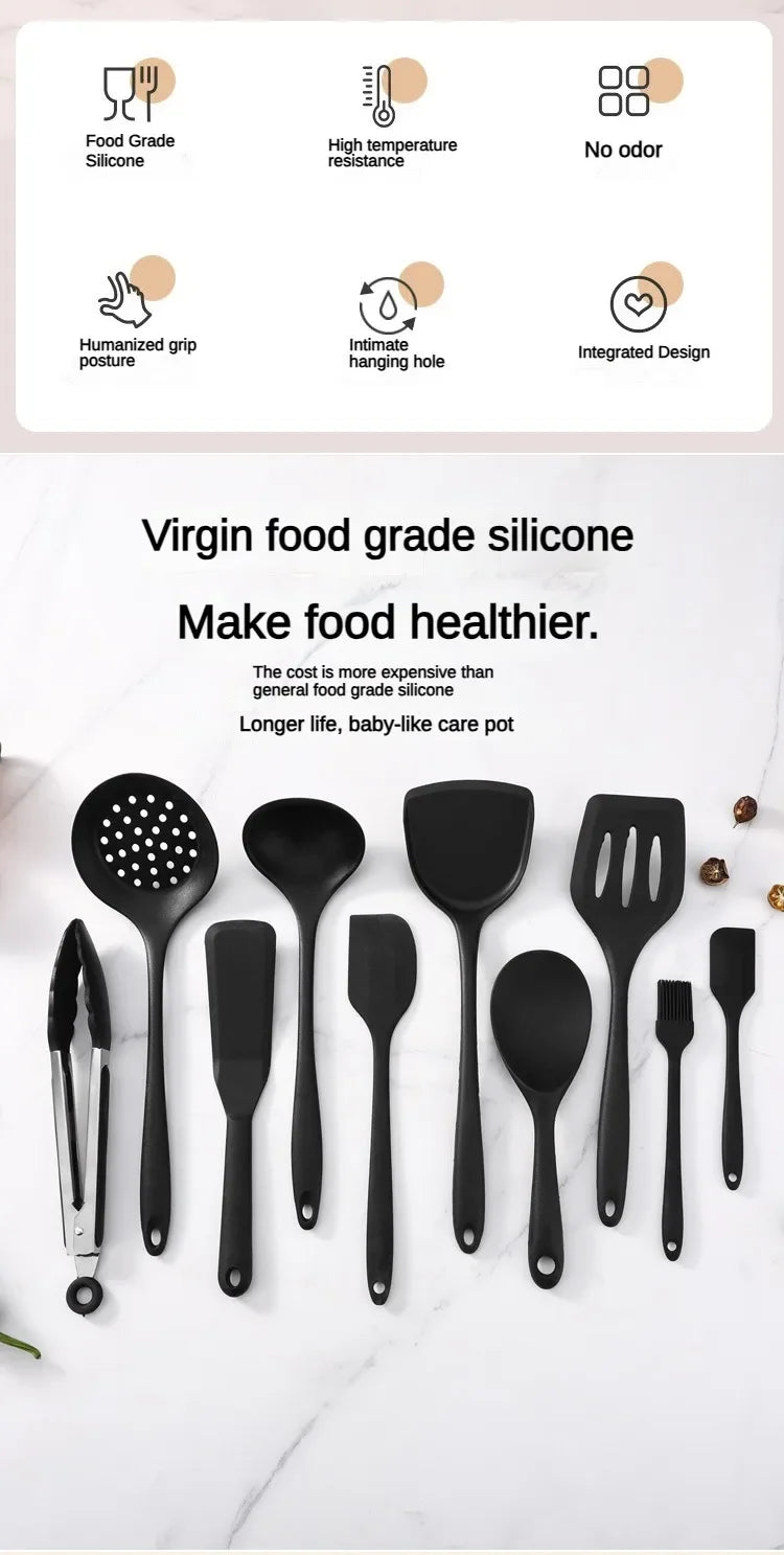 1/10PCS Food-Grade Silicone Kitchen Tools Set, Heat-Resistant Slotted Spoon for Non-Stick Cookware & Hot Pot, Multi-Use Strainer