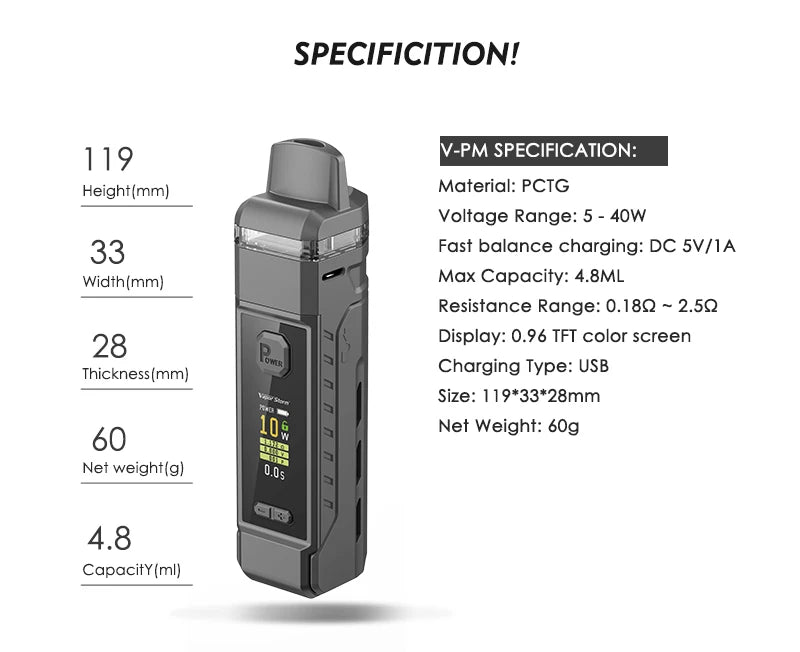 Vapor Storm VPM40 40W Pod Mod Starter Kit Mesh Coils 4.8ml Cartridge fit 18650 Battery E Cigarette V-PM40 Nova Nord Drag System