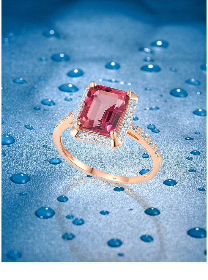 VISTOSO Genuine 14K 585 Rose Gold Solitaire Rings For Women Sparkling Diamond Pink Topaz Rectangle Gorgeous Fine Fashion Jewelry
