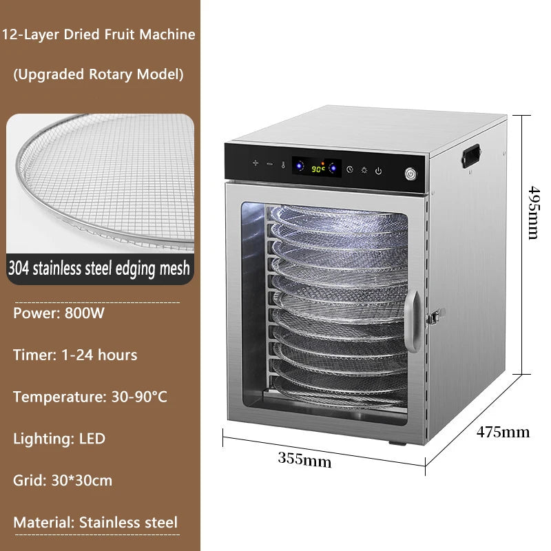 10/12/16 Tier Rotary Food Dehydrator Smart Commercial & Home Dryer for Fruit, Veg, Meat, Snacks, Herbs
