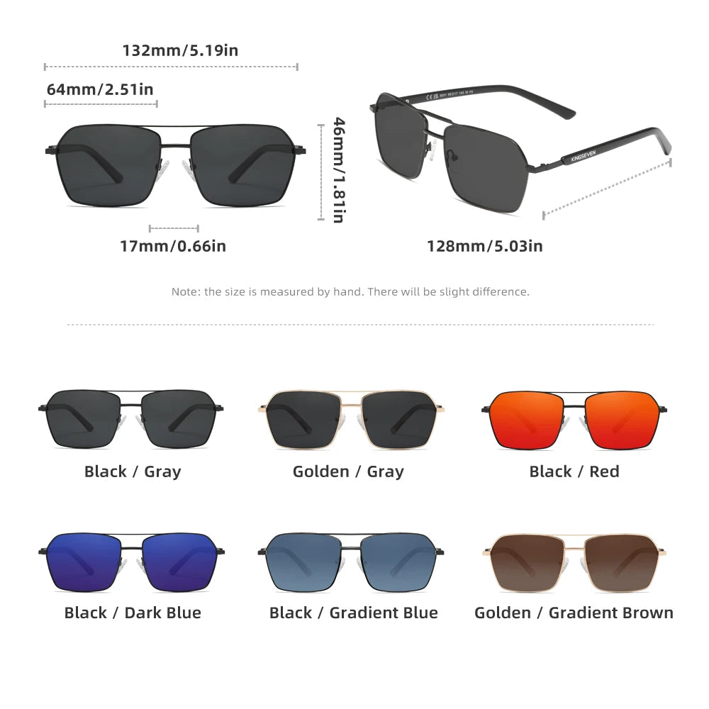 Rectangular sunglasses in multiple colors with size chart, featuring black, gold, red, blue, and brown lenses.