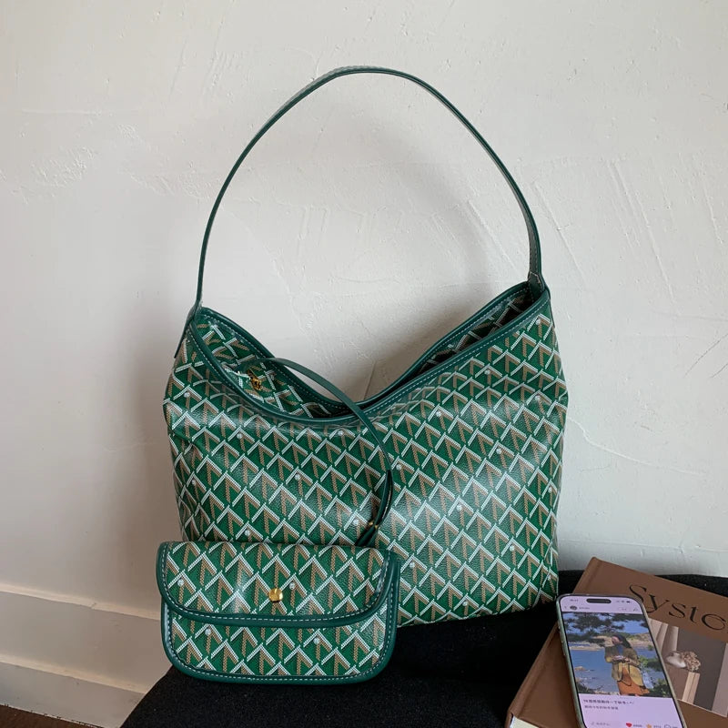 Large Capacity Women's Shoulder Bag Fashionable Commuter Tote Bag Soft PU Leather Printed Geometric Pattern Autumn New Arrival